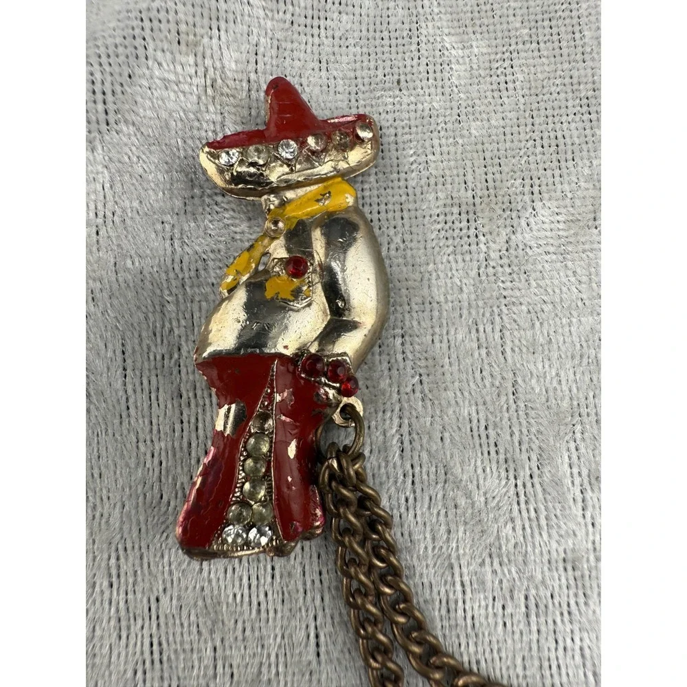 Vintage Chatelaine Style Brooch Figural Enamel Mexican Flower Gold Tone READ‎
